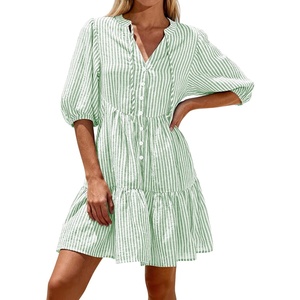 BTFBM Womens Summer Dresses 2026 Striped Mini Dress Half Sleeve Button Down Casual Flowy Beach Vacation Outfits Pockets(Green)