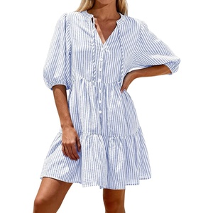 BTFBM Womens Summer Dresses 2026 Striped Mini Dress Half Sleeve Button Down Casual Flowy Beach Vacation Outfits Pockets(Light Blue)