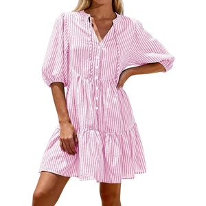 BTFBM Womens Summer Dresses 2026 Striped Mini Dress Half Sleeve Button Down Casual Flowy Beach Vacation Outfits Pockets(Pink)