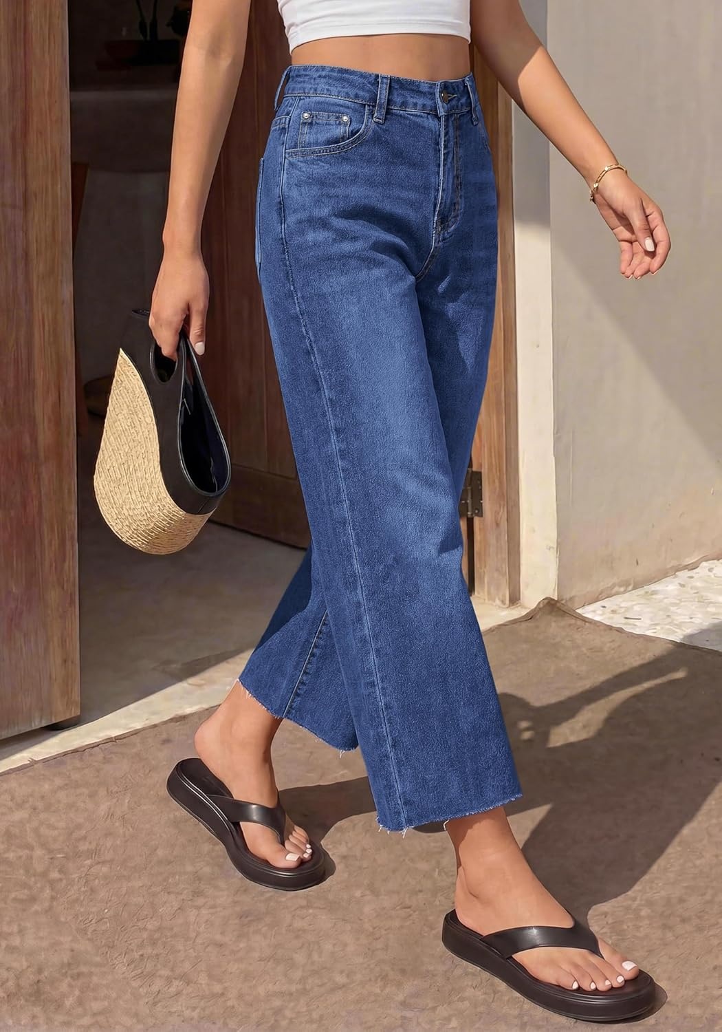 image:imageBTFBM Jeans for Women 2026 Summer High Waisted Button Straight Leg Stretchy Cropped Raw Hem Trendy Denim Pants PocketsBright Blue