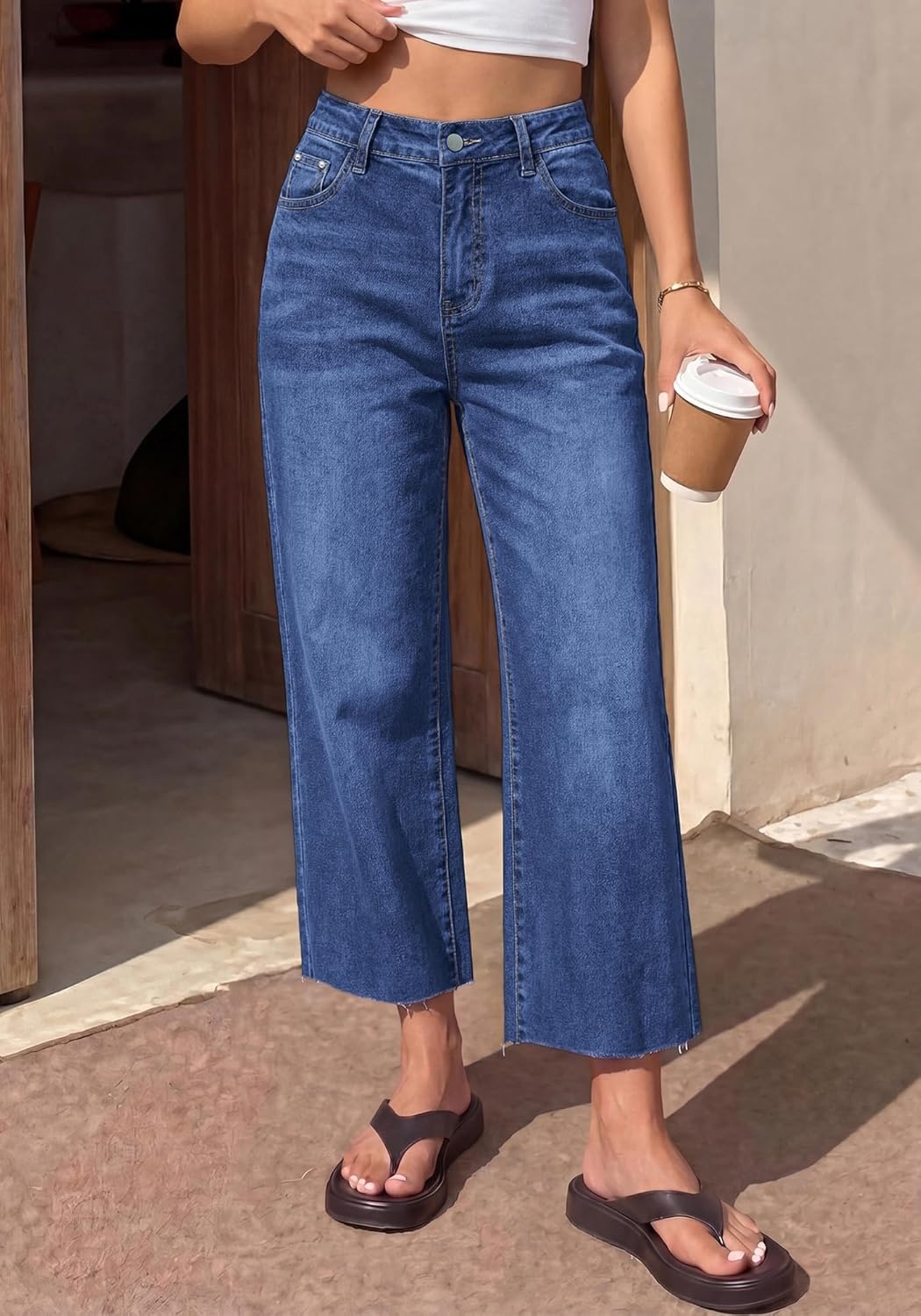 image:imageBTFBM Jeans for Women 2026 Summer High Waisted Button Straight Leg Stretchy Cropped Raw Hem Trendy Denim Pants PocketsBright Blue
