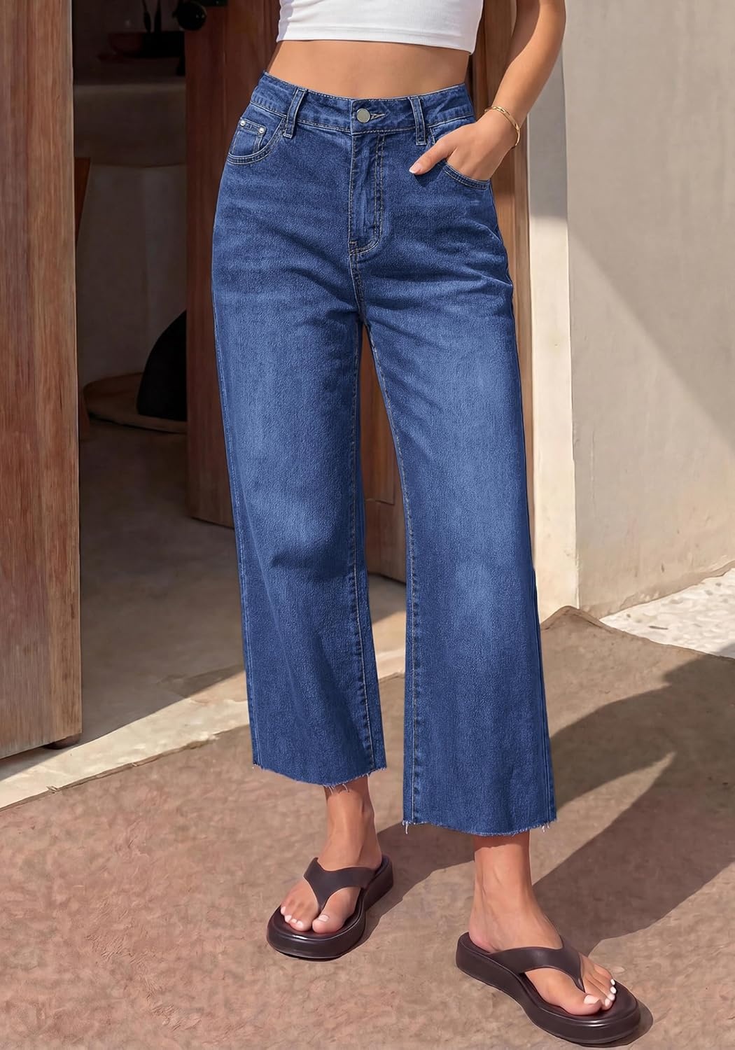 image:imageBTFBM Jeans for Women 2026 Summer High Waisted Button Straight Leg Stretchy Cropped Raw Hem Trendy Denim Pants PocketsBright Blue