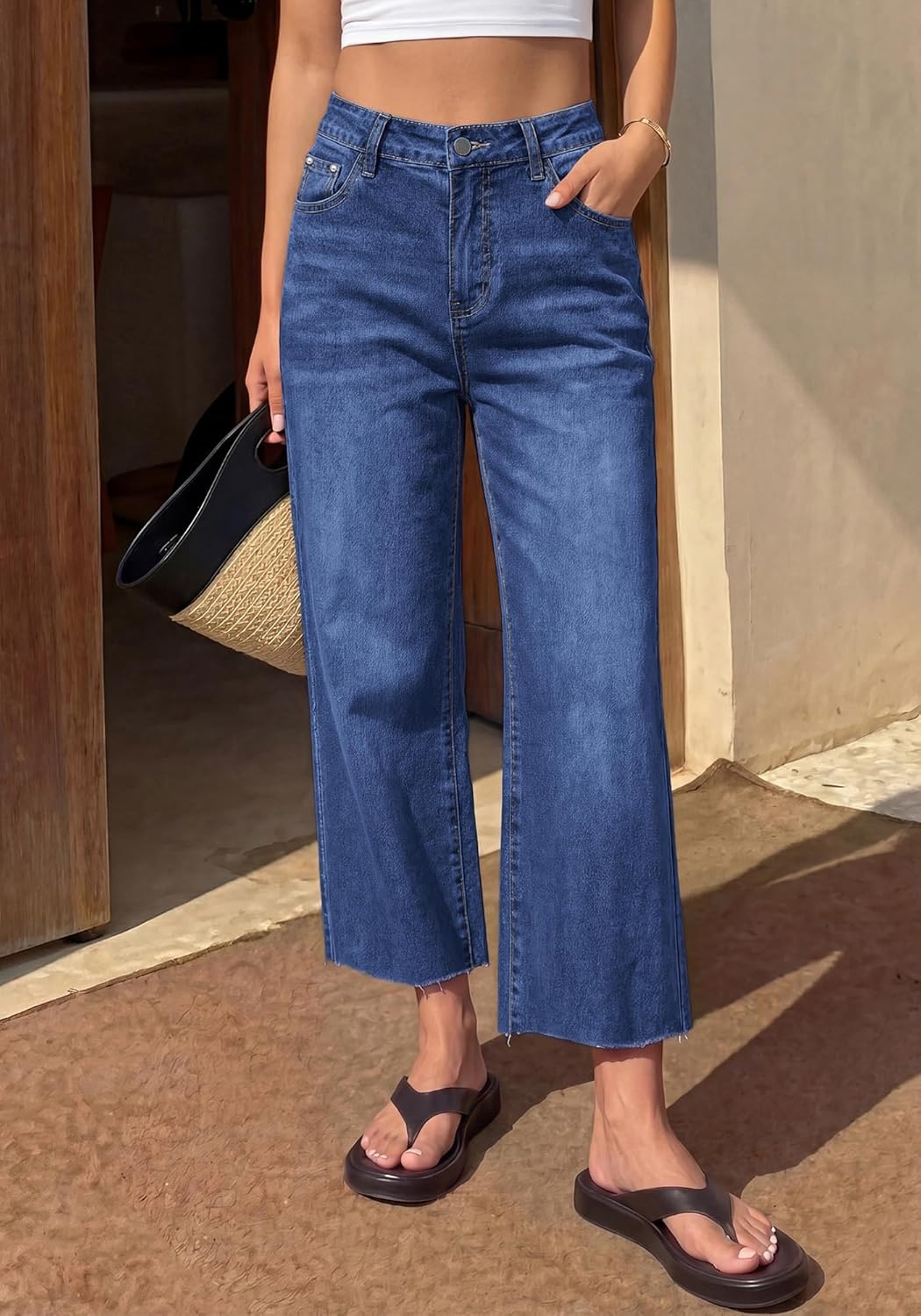 image:imageBTFBM Jeans for Women 2026 Summer High Waisted Button Straight Leg Stretchy Cropped Raw Hem Trendy Denim Pants PocketsBright Blue