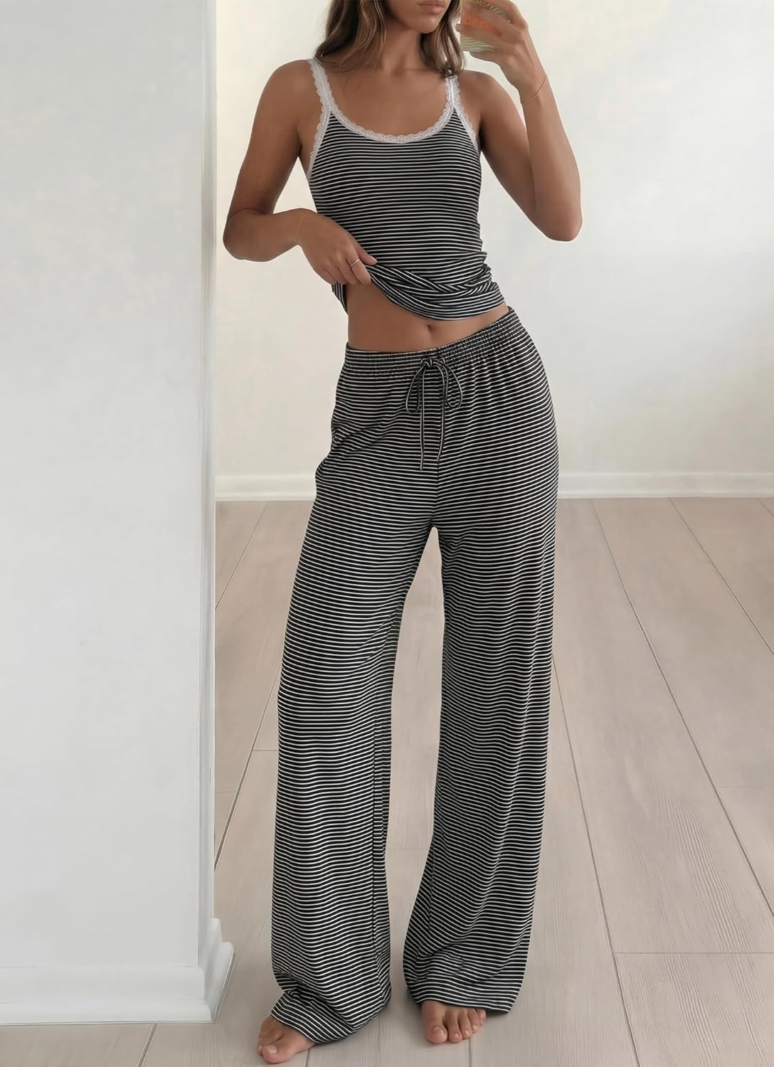 image:imageBTFBM Lounge Sets For Women 2026 Striped 2 Piece Pajama Sets Spaghetti Strap Tops Wide Leg Pants Beach Vacation OutfitsStriped Black White