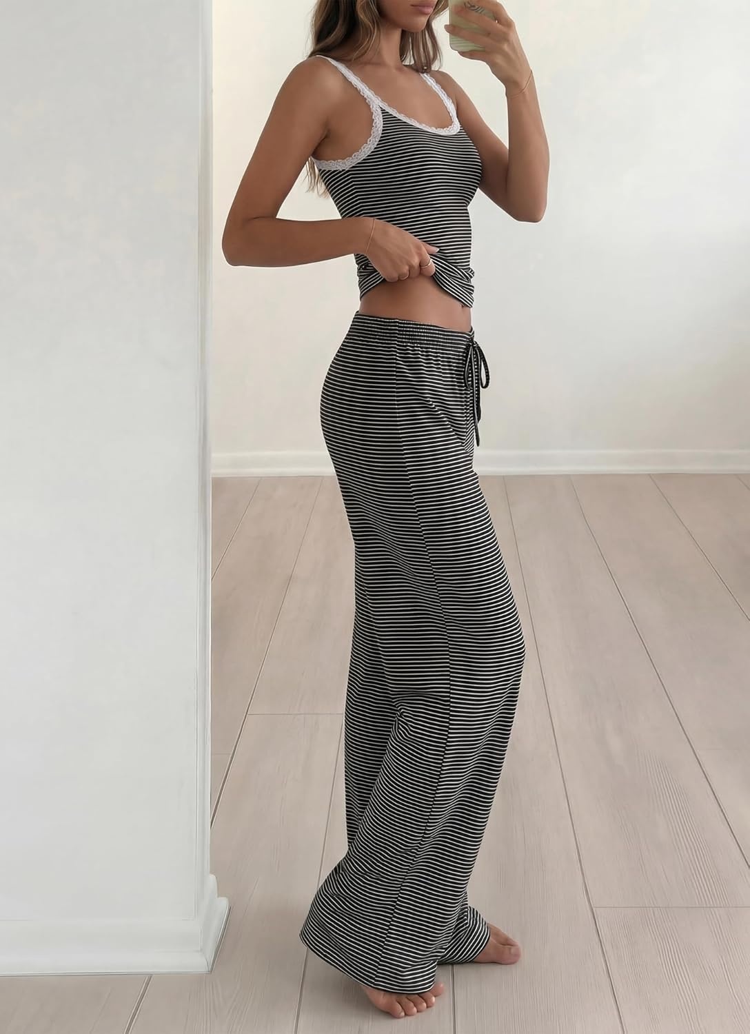 image:imageBTFBM Lounge Sets For Women 2026 Striped 2 Piece Pajama Sets Spaghetti Strap Tops Wide Leg Pants Beach Vacation OutfitsStriped Black White