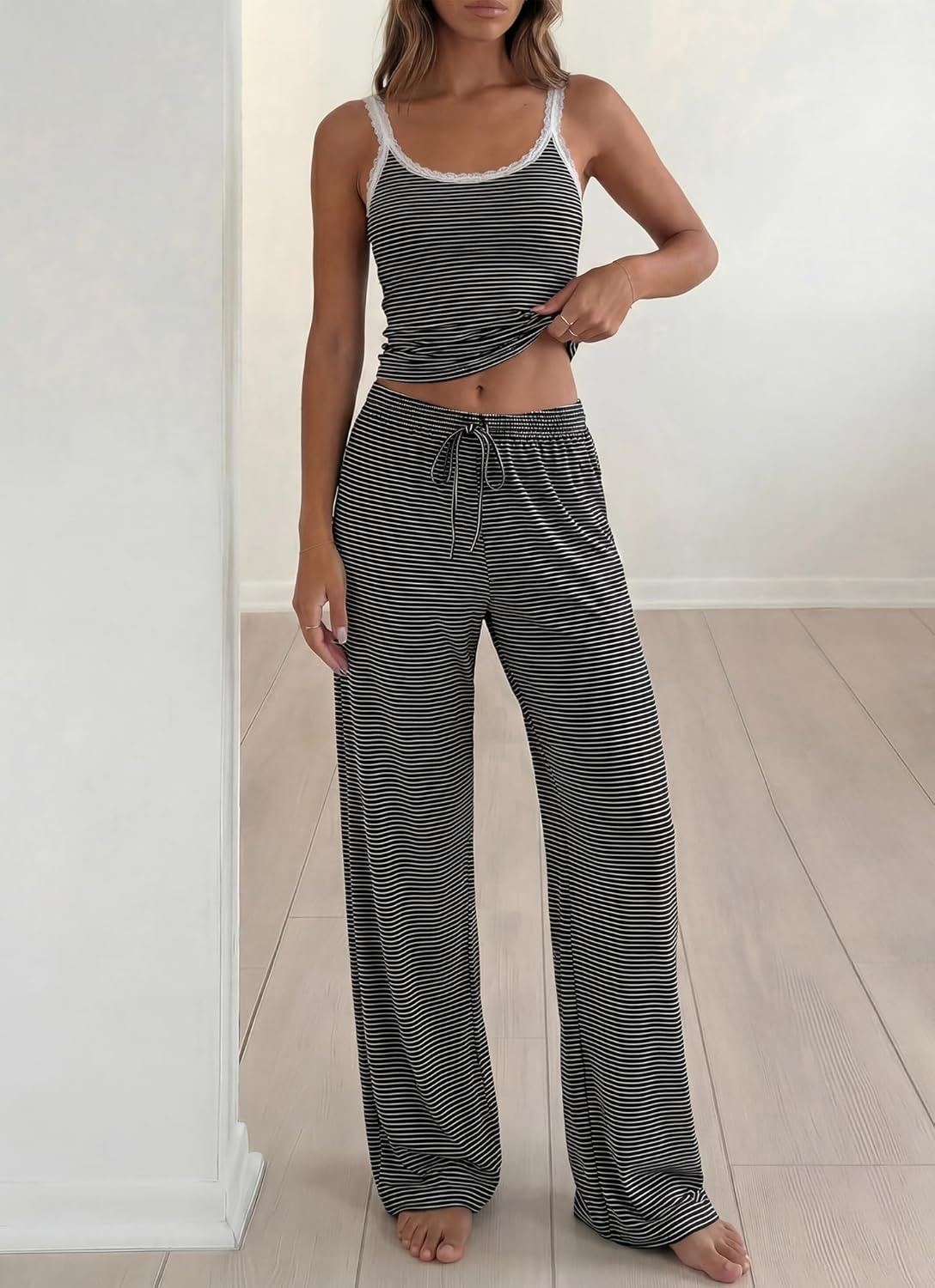 image:imageBTFBM Lounge Sets For Women 2026 Striped 2 Piece Pajama Sets Spaghetti Strap Tops Wide Leg Pants Beach Vacation OutfitsStriped Black White