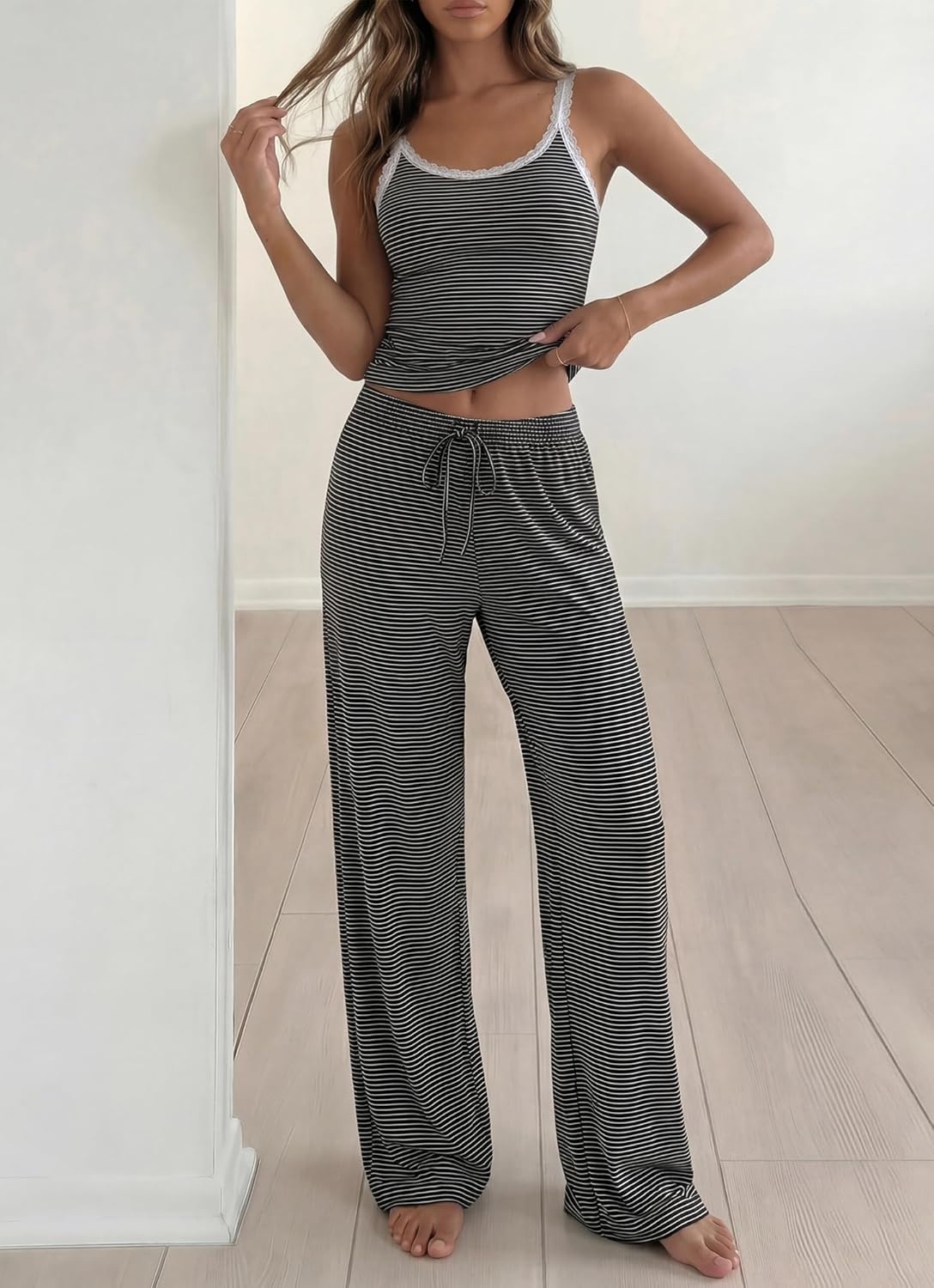 image:imageBTFBM Lounge Sets For Women 2026 Striped 2 Piece Pajama Sets Spaghetti Strap Tops Wide Leg Pants Beach Vacation OutfitsStriped Black White