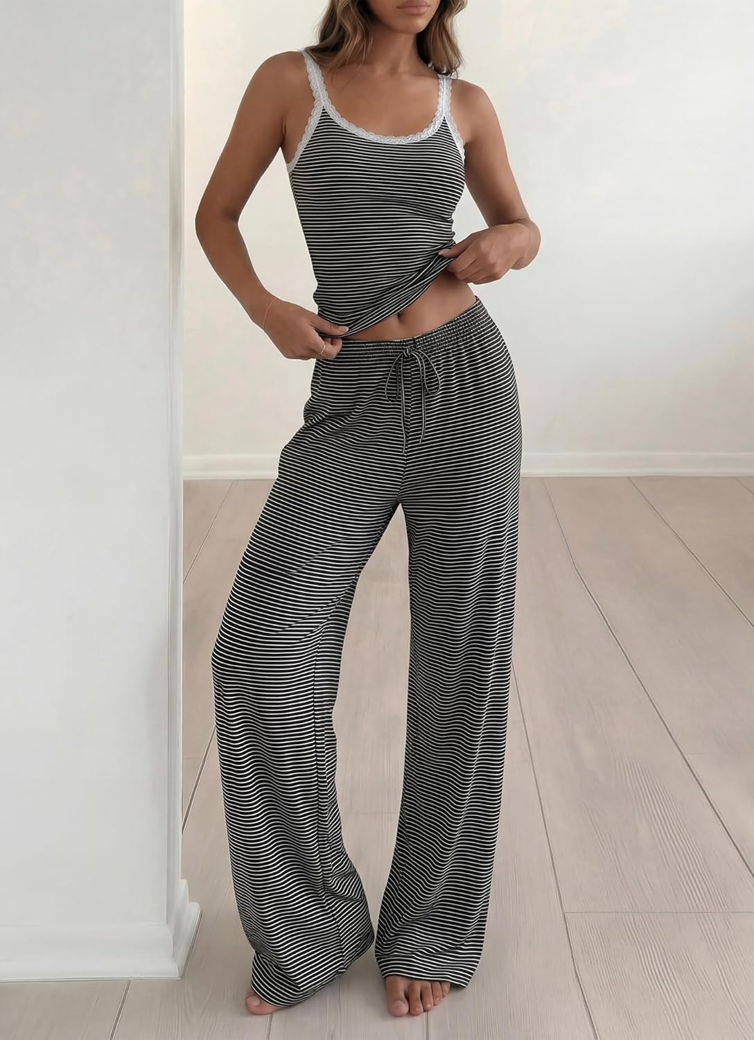 image:imageBTFBM Lounge Sets For Women 2026 Striped 2 Piece Pajama Sets Spaghetti Strap Tops Wide Leg Pants Beach Vacation OutfitsStriped Black White