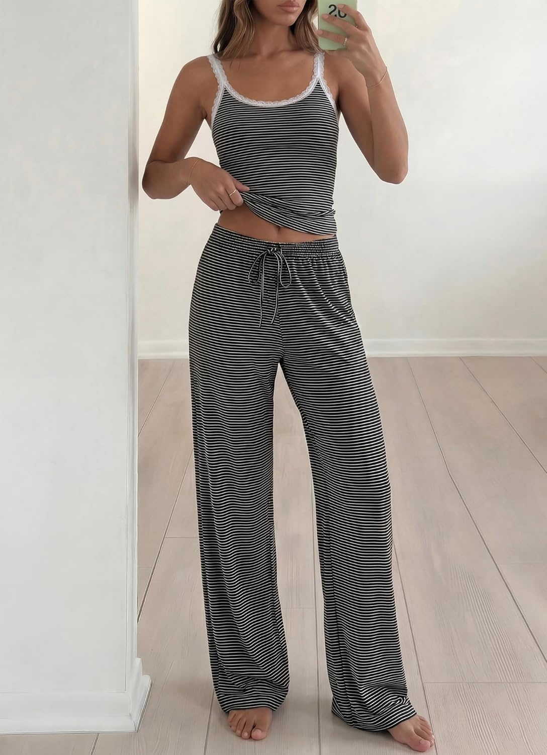 image:imageBTFBM Lounge Sets For Women 2026 Striped 2 Piece Pajama Sets Spaghetti Strap Tops Wide Leg Pants Beach Vacation OutfitsStriped Black White