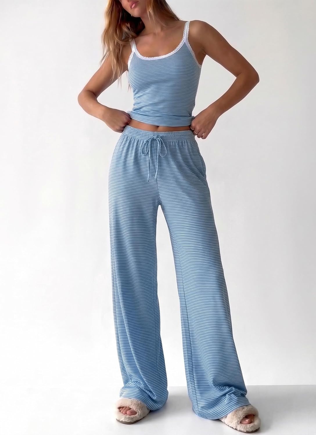 image:imageBTFBM Lounge Sets For Women 2026 Striped 2 Piece Pajama Sets Spaghetti Strap Tops Wide Leg Pants Beach Vacation OutfitsStriped Blue White