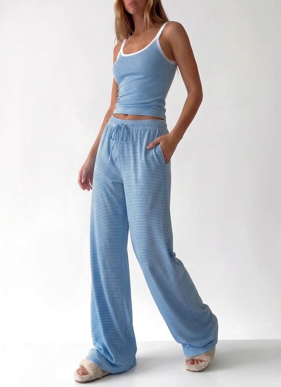 image:imageBTFBM Lounge Sets For Women 2026 Striped 2 Piece Pajama Sets Spaghetti Strap Tops Wide Leg Pants Beach Vacation OutfitsStriped Blue White