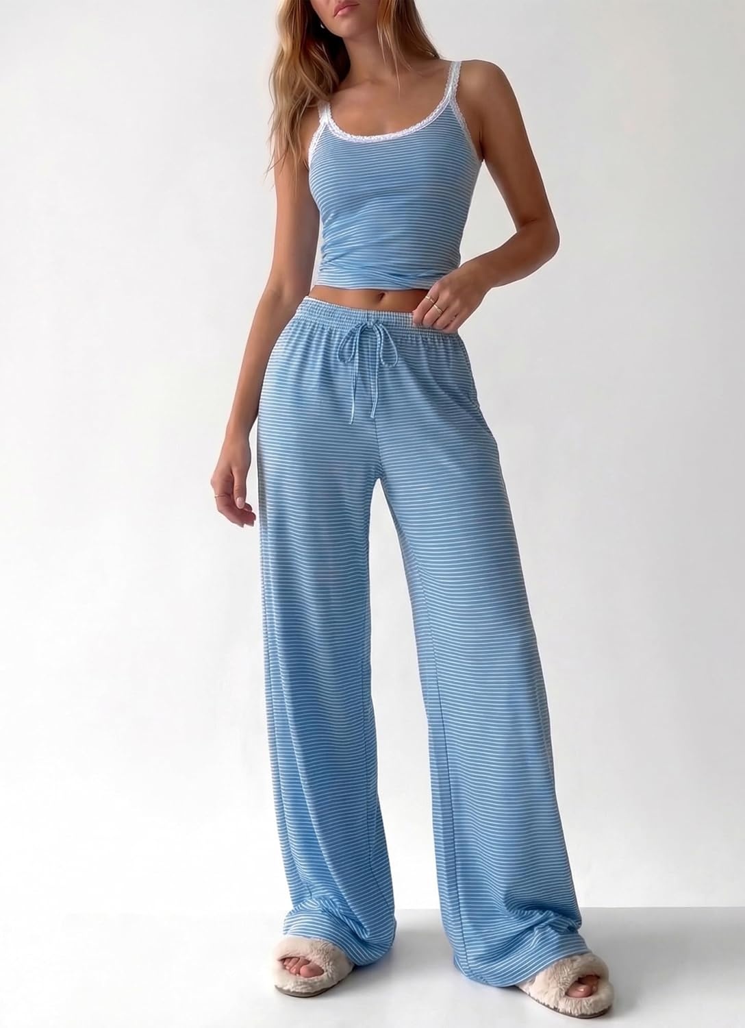 image:imageBTFBM Lounge Sets For Women 2026 Striped 2 Piece Pajama Sets Spaghetti Strap Tops Wide Leg Pants Beach Vacation OutfitsStriped Blue White