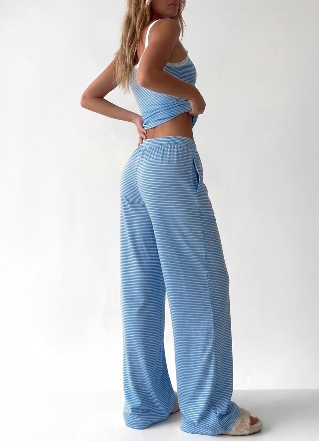 image:imageBTFBM Lounge Sets For Women 2026 Striped 2 Piece Pajama Sets Spaghetti Strap Tops Wide Leg Pants Beach Vacation OutfitsStriped Blue White