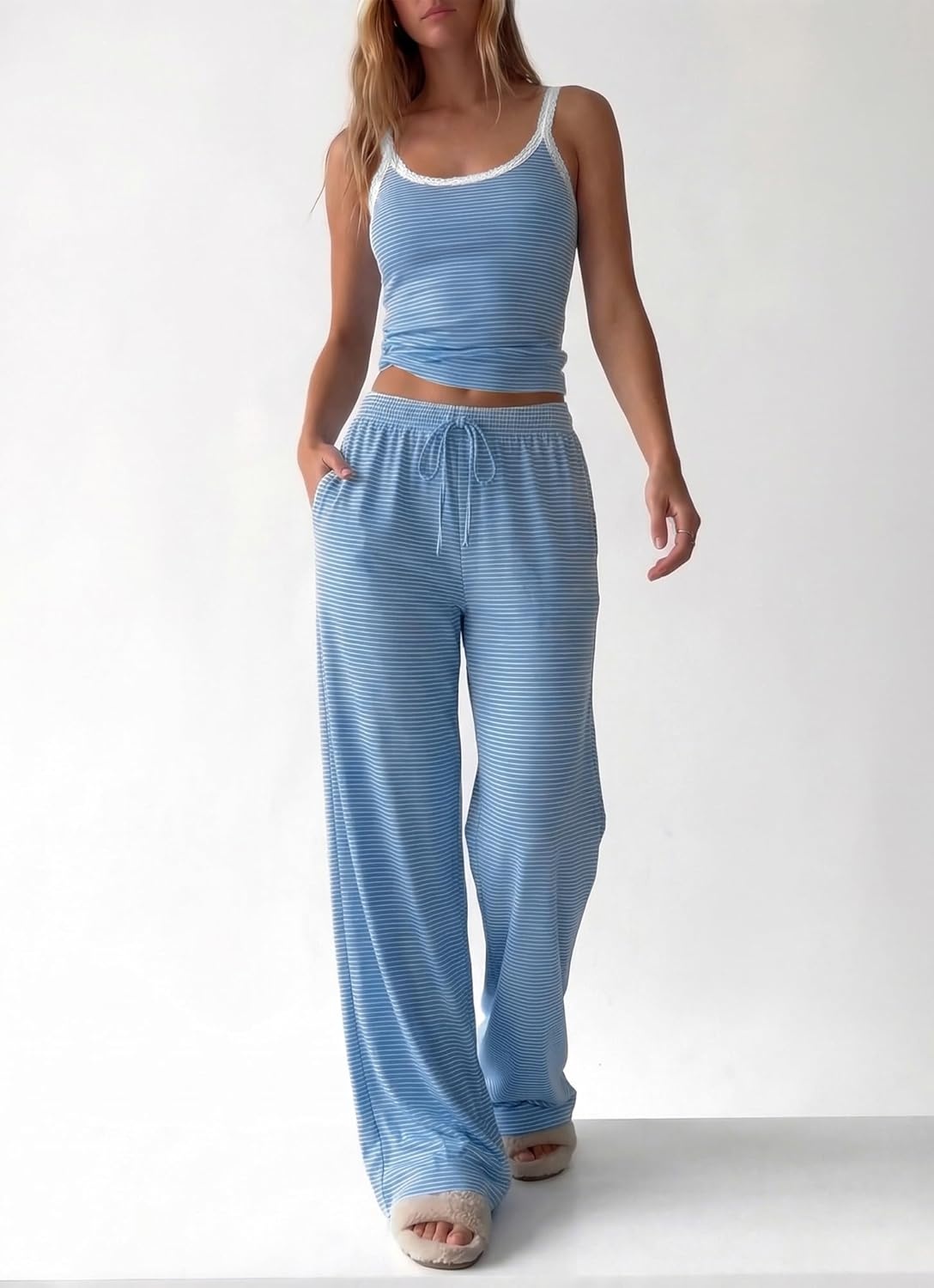 image:imageBTFBM Lounge Sets For Women 2026 Striped 2 Piece Pajama Sets Spaghetti Strap Tops Wide Leg Pants Beach Vacation OutfitsStriped Blue White