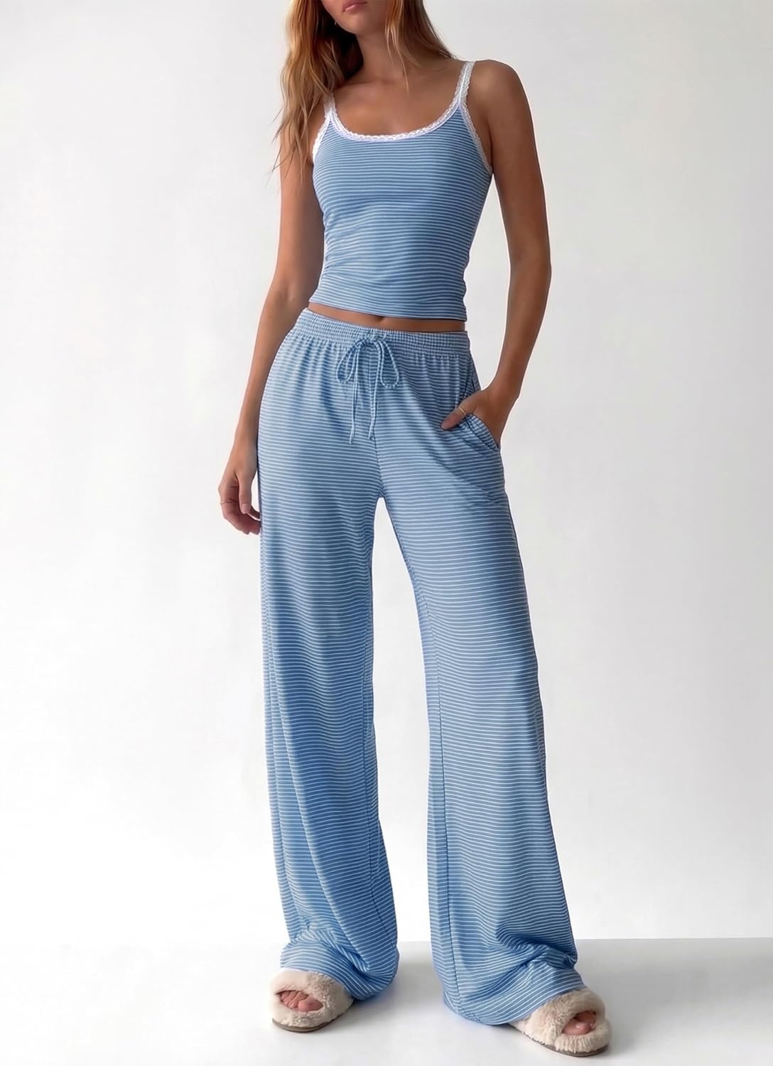 image:imageBTFBM Lounge Sets For Women 2026 Striped 2 Piece Pajama Sets Spaghetti Strap Tops Wide Leg Pants Beach Vacation OutfitsStriped Blue White