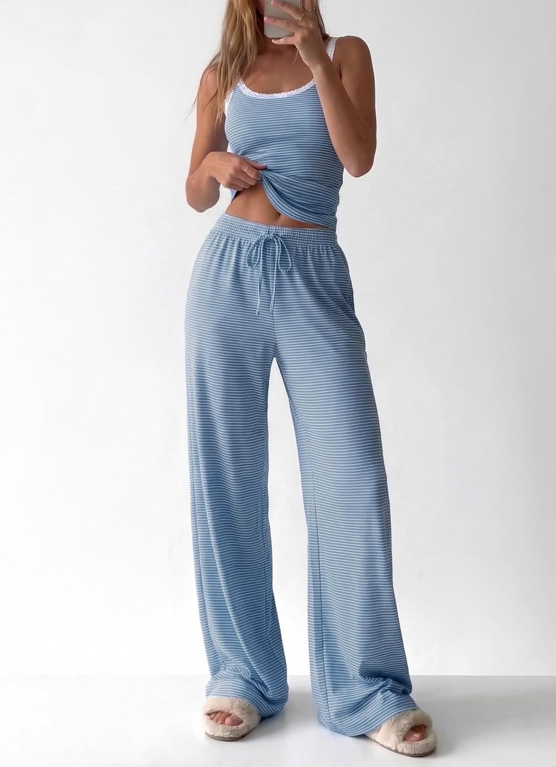 image:imageBTFBM Lounge Sets For Women 2026 Striped 2 Piece Pajama Sets Spaghetti Strap Tops Wide Leg Pants Beach Vacation OutfitsStriped Blue White