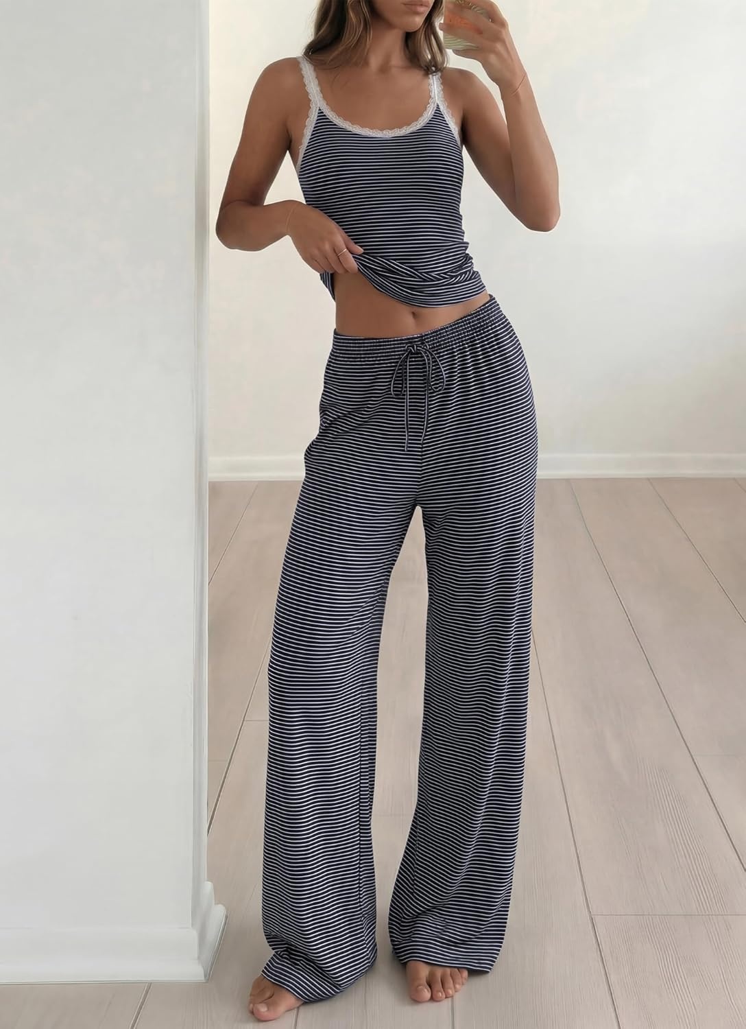 image:imageBTFBM Lounge Sets For Women 2026 Striped 2 Piece Pajama Sets Spaghetti Strap Tops Wide Leg Pants Beach Vacation OutfitsStriped Navy White