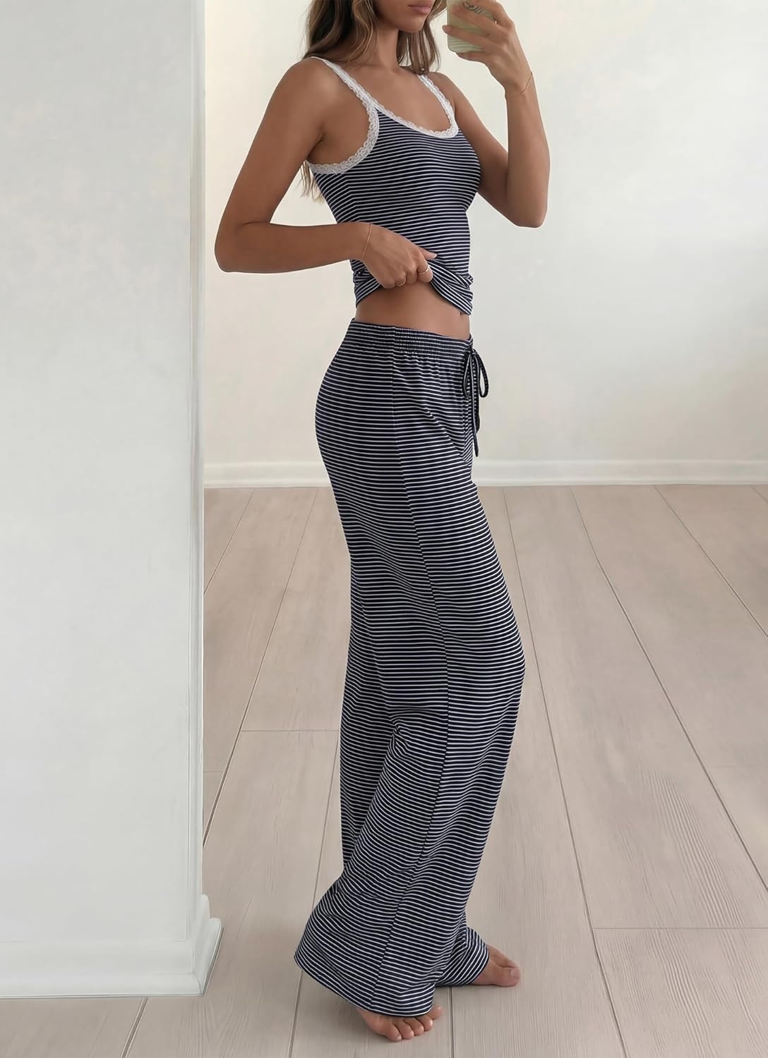 image:imageBTFBM Lounge Sets For Women 2026 Striped 2 Piece Pajama Sets Spaghetti Strap Tops Wide Leg Pants Beach Vacation OutfitsStriped Navy White