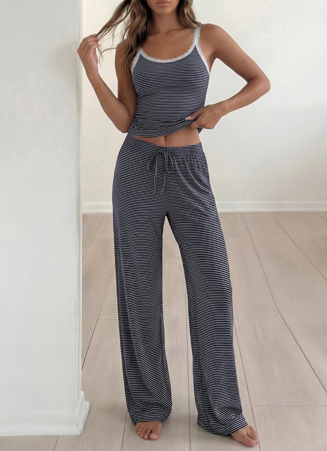 image:imageBTFBM Lounge Sets For Women 2026 Striped 2 Piece Pajama Sets Spaghetti Strap Tops Wide Leg Pants Beach Vacation OutfitsStriped Navy White