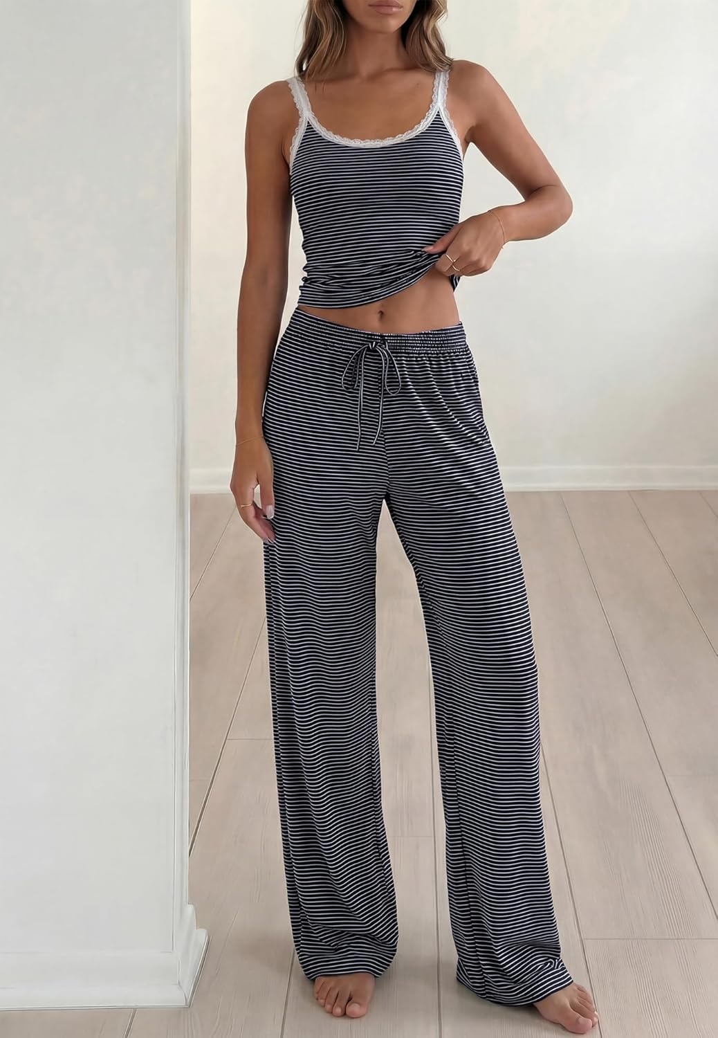 image:imageBTFBM Lounge Sets For Women 2026 Striped 2 Piece Pajama Sets Spaghetti Strap Tops Wide Leg Pants Beach Vacation OutfitsStriped Navy White