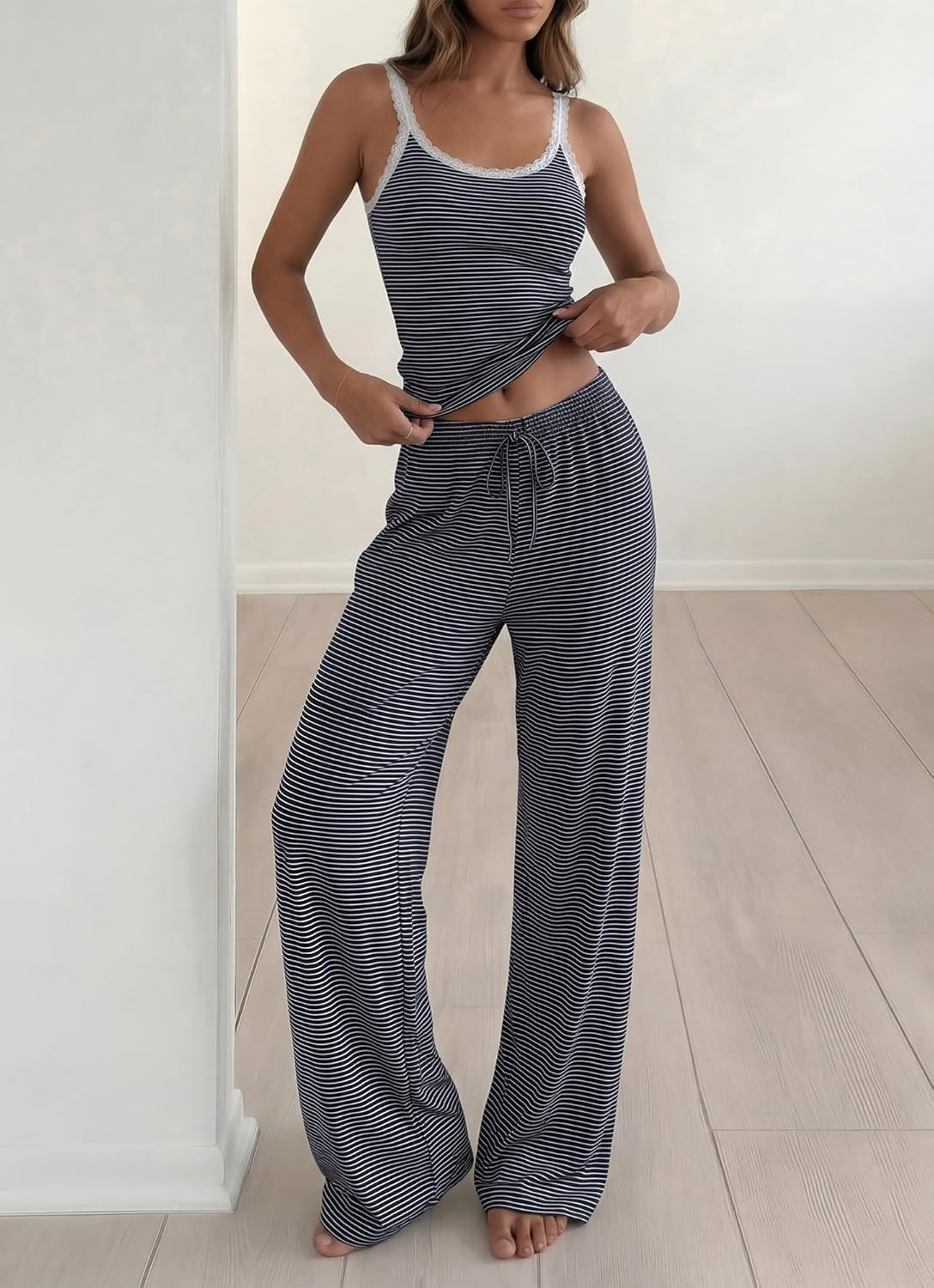 image:imageBTFBM Lounge Sets For Women 2026 Striped 2 Piece Pajama Sets Spaghetti Strap Tops Wide Leg Pants Beach Vacation OutfitsStriped Navy White