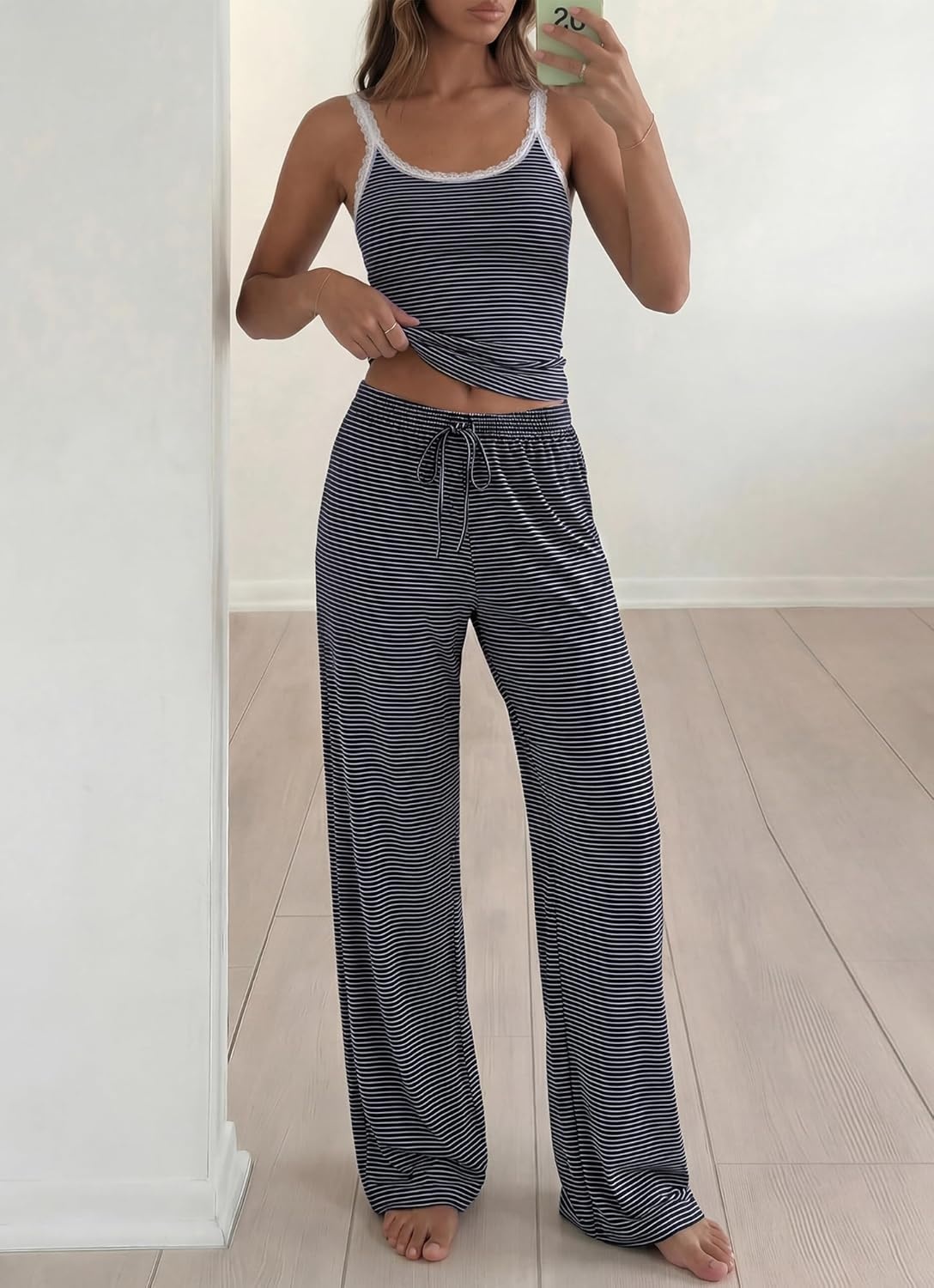 image:imageBTFBM Lounge Sets For Women 2026 Striped 2 Piece Pajama Sets Spaghetti Strap Tops Wide Leg Pants Beach Vacation OutfitsStriped Navy White