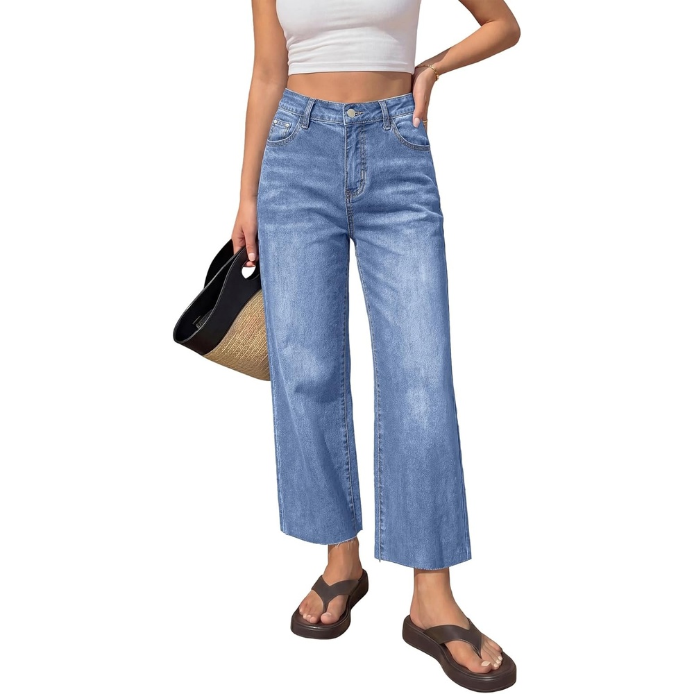 image:imageBTFBM Jeans for Women 2026 Summer High Waisted Button Straight Leg Stretchy Cropped Raw Hem Trendy Denim Pants PocketsLight Blue