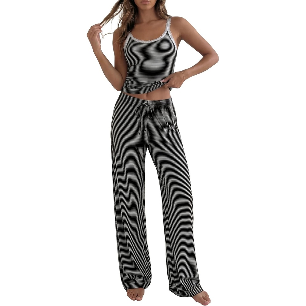 image:imageBTFBM Lounge Sets For Women 2026 Striped 2 Piece Pajama Sets Spaghetti Strap Tops Wide Leg Pants Beach Vacation OutfitsStriped Black White