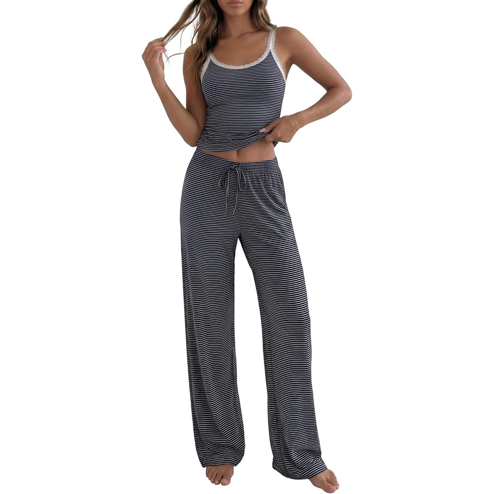 image:imageBTFBM Lounge Sets For Women 2026 Striped 2 Piece Pajama Sets Spaghetti Strap Tops Wide Leg Pants Beach Vacation OutfitsStriped Navy White