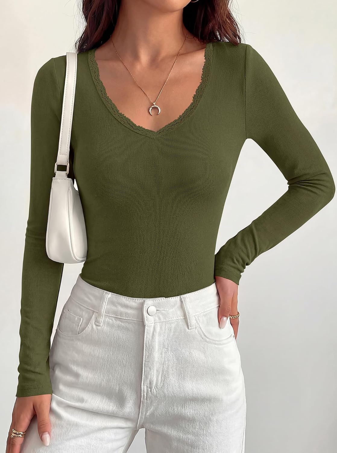 image:imageBTFBM Lace Deep V Neck Long Sleeve Shirts for Women Fitted Going Out Tops Night Out Outfits Fall Fashion Clothing 2026Army Green