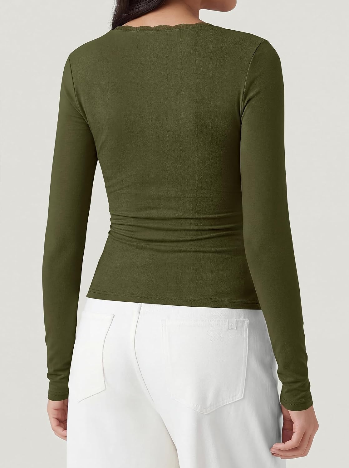 image:imageBTFBM Lace Deep V Neck Long Sleeve Shirts for Women Fitted Going Out Tops Night Out Outfits Fall Fashion Clothing 2026Army Green