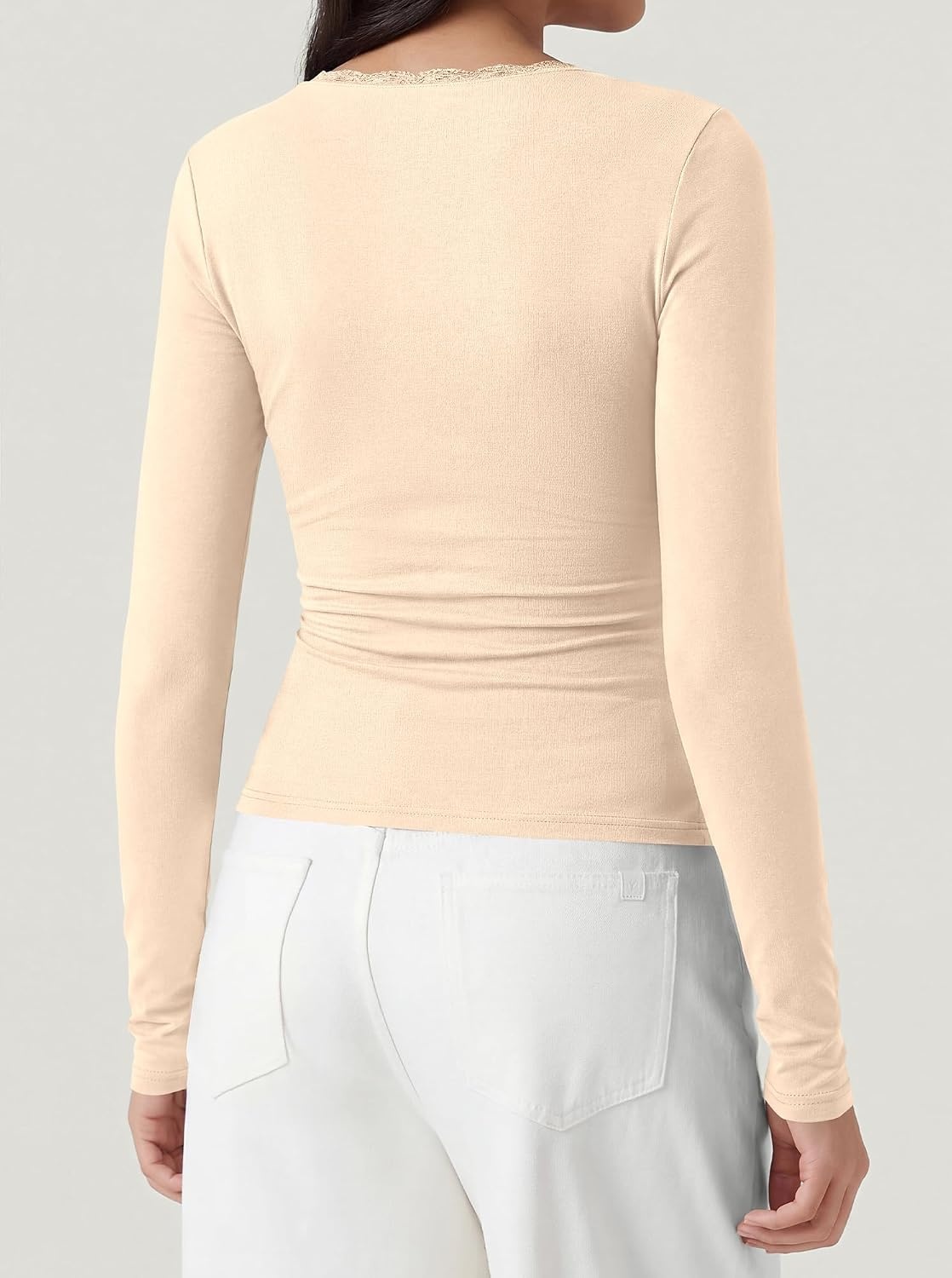 image:imageBTFBM Lace Deep V Neck Long Sleeve Shirts for Women Fitted Going Out Tops Night Out Outfits Fall Fashion Clothing 2026Beige