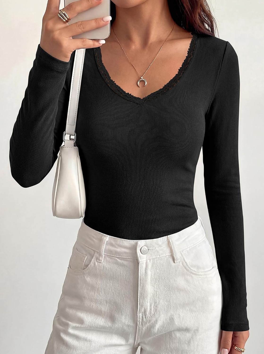 image:imageBTFBM Lace Deep V Neck Long Sleeve Shirts for Women Fitted Going Out Tops Night Out Outfits Fall Fashion Clothing 2026Black