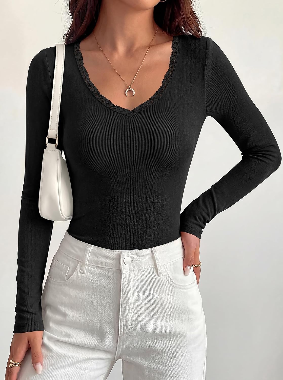 image:imageBTFBM Lace Deep V Neck Long Sleeve Shirts for Women Fitted Going Out Tops Night Out Outfits Fall Fashion Clothing 2026Black