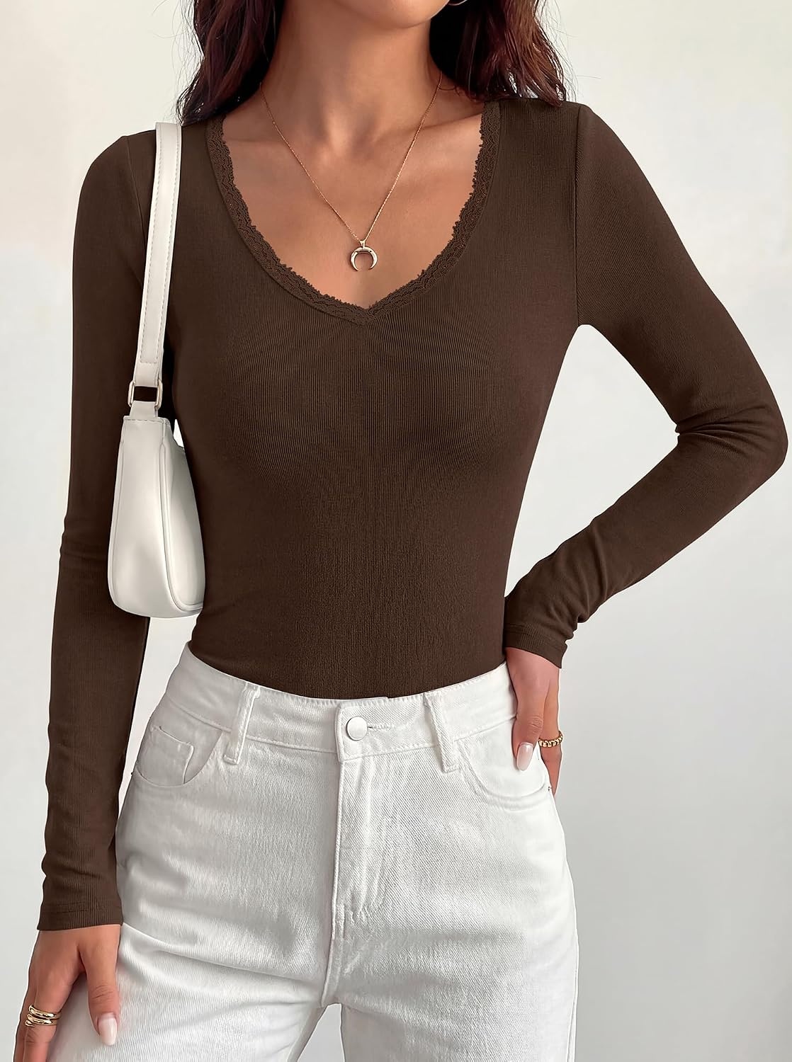 image:imageBTFBM Lace Deep V Neck Long Sleeve Shirts for Women Fitted Going Out Tops Night Out Outfits Fall Fashion Clothing 2026Brown