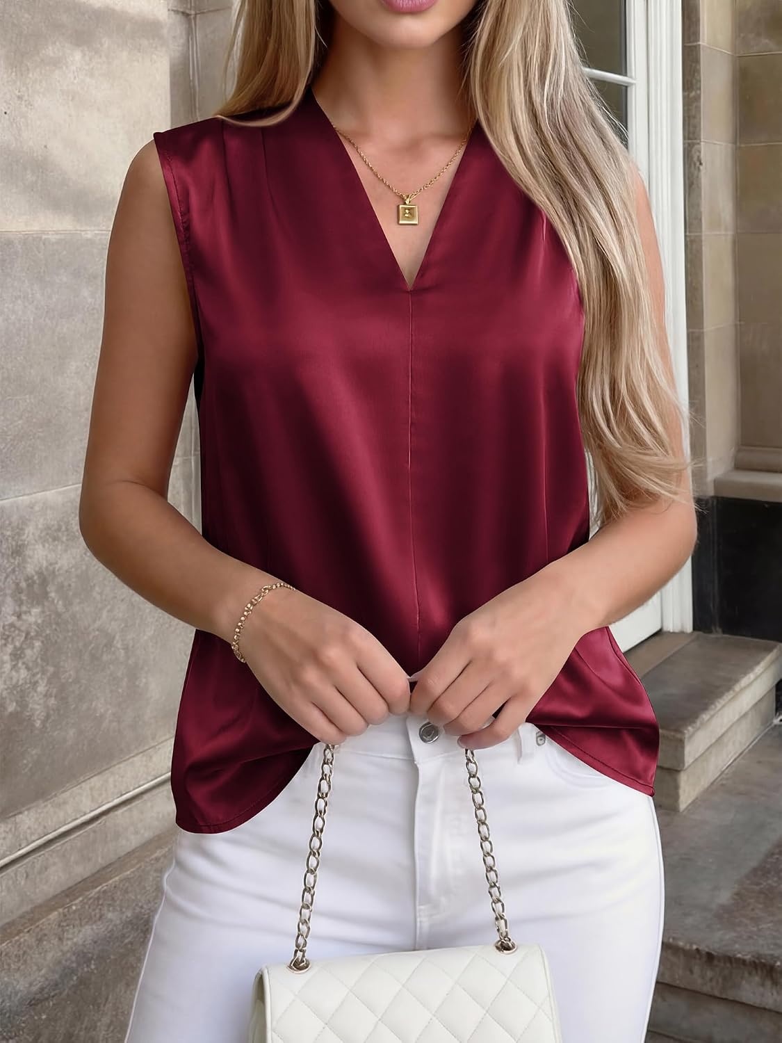 image:imageBTFBM Summer Tank Tops 2026 Satin Business Casual Outfits for Women Pleated Sleeveless Shirts Silk Spring Work BlousesBurgundy