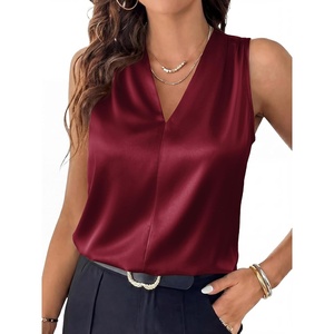 BTFBM Summer Tank Tops 2026 Satin Business Casual Outfits for Women Pleated Sleeveless Shirts Silk Spring Work Blouses(Burgundy)