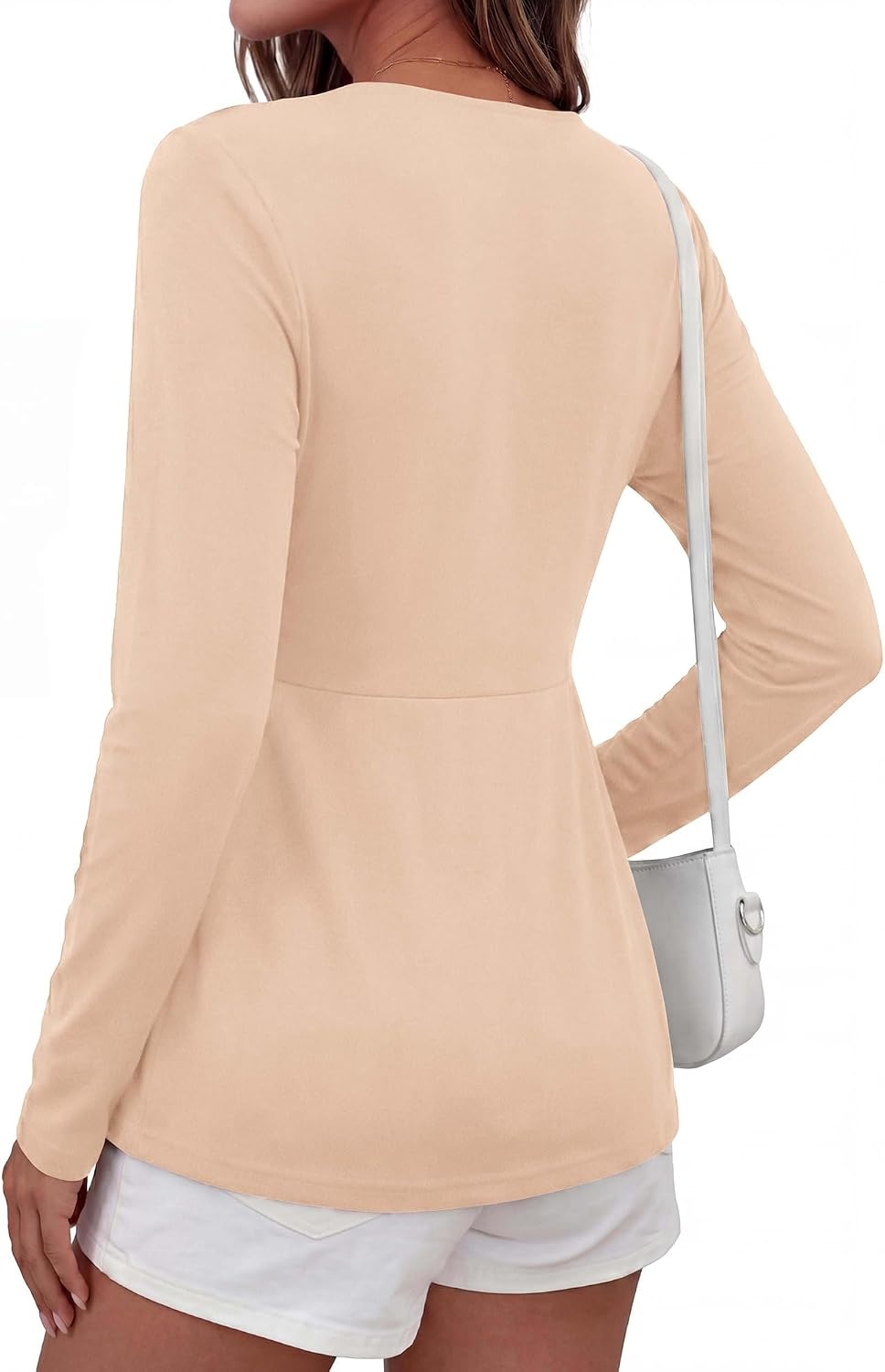 image:imageBTFBM Babydoll Tops for Women 2026 Fall Fashion Twist Front V Neck Flowy Long Sleeve Blouses Dressy Casual Peplum TopsBeige