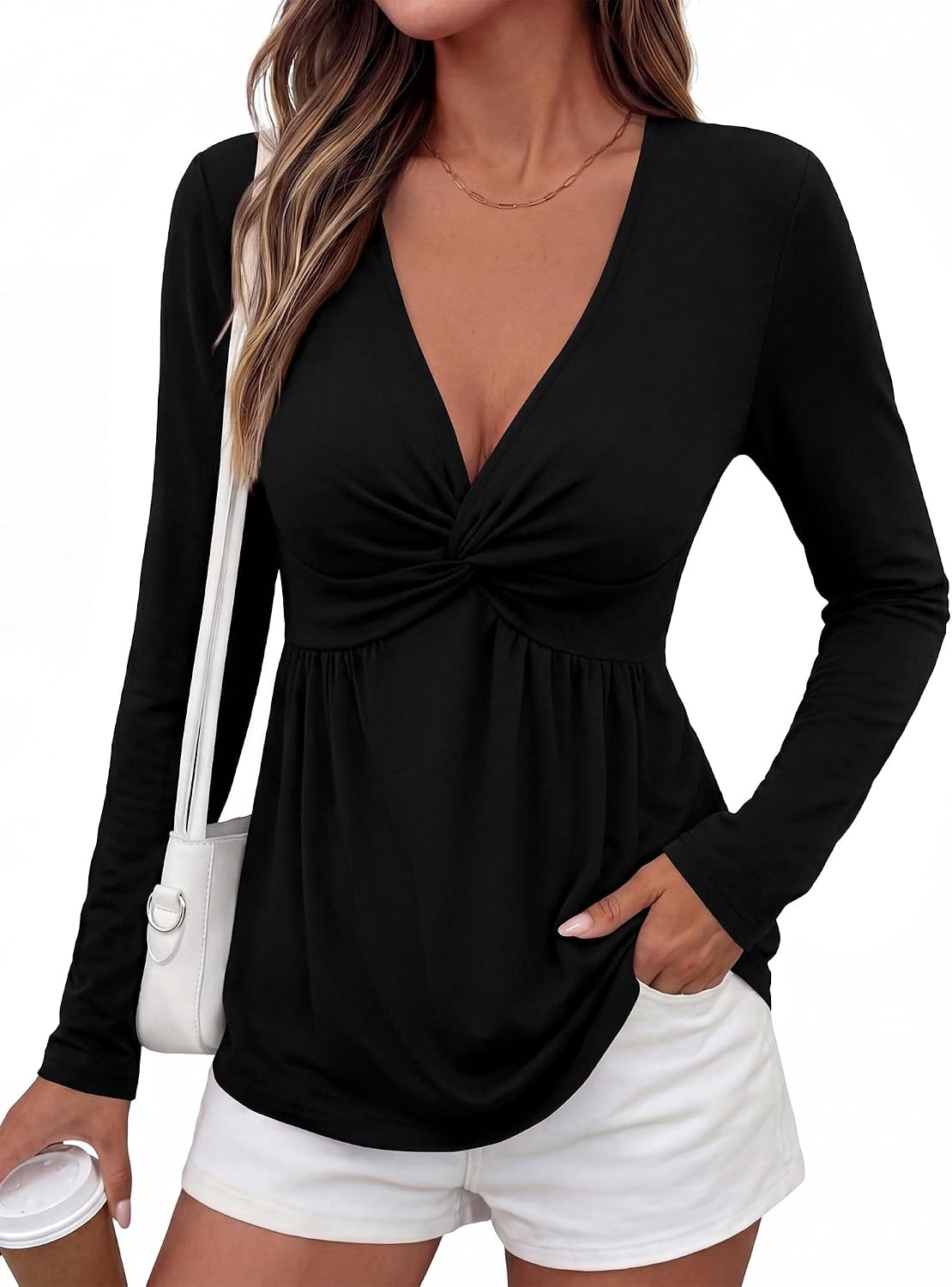 image:imageBTFBM Babydoll Tops for Women 2026 Fall Fashion Twist Front V Neck Flowy Long Sleeve Blouses Dressy Casual Peplum TopsBlack