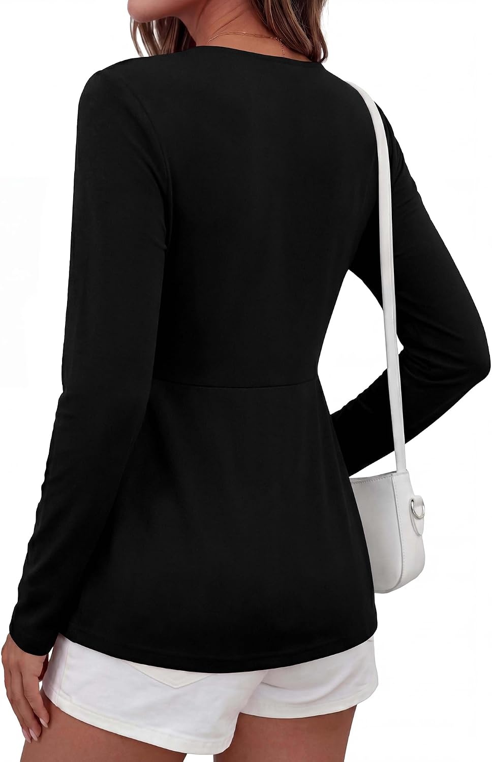 image:imageBTFBM Babydoll Tops for Women 2026 Fall Fashion Twist Front V Neck Flowy Long Sleeve Blouses Dressy Casual Peplum TopsBlack