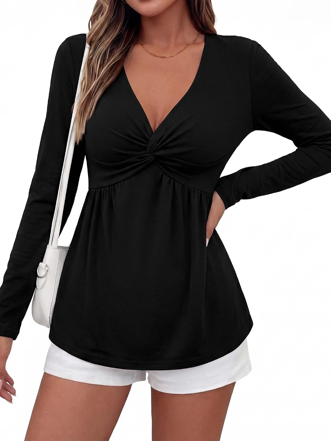 image:imageBTFBM Babydoll Tops for Women 2026 Fall Fashion Twist Front V Neck Flowy Long Sleeve Blouses Dressy Casual Peplum TopsBlack
