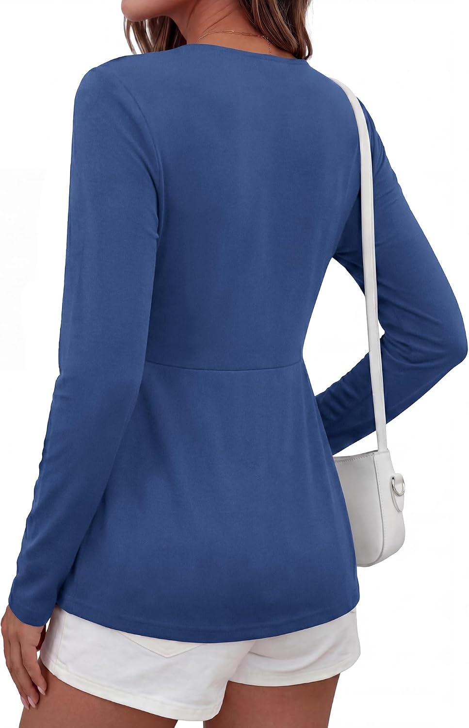 image:imageBTFBM Babydoll Tops for Women 2026 Fall Fashion Twist Front V Neck Flowy Long Sleeve Blouses Dressy Casual Peplum TopsBlue