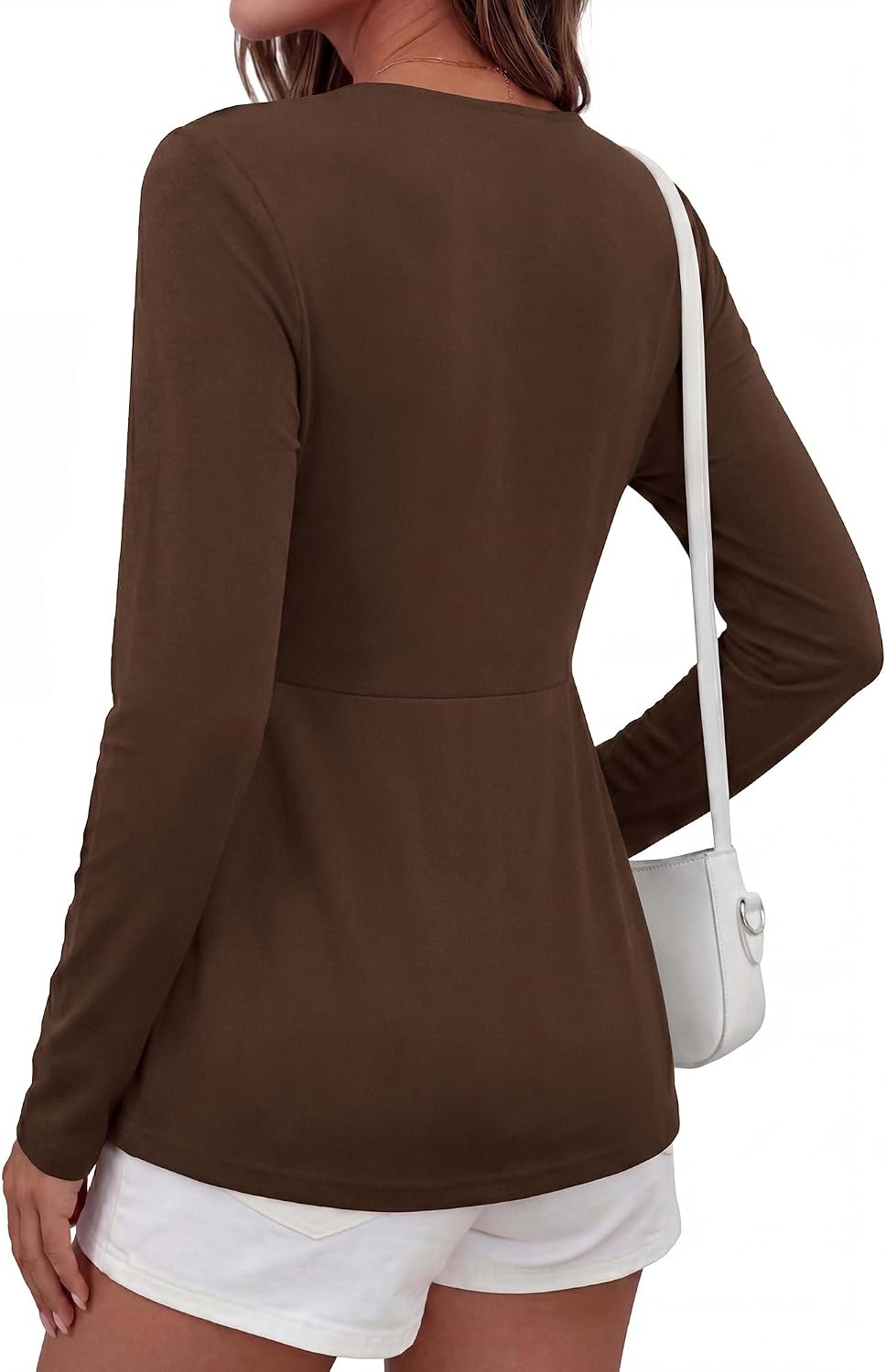 image:imageBTFBM Babydoll Tops for Women 2026 Fall Fashion Twist Front V Neck Flowy Long Sleeve Blouses Dressy Casual Peplum TopsBrown