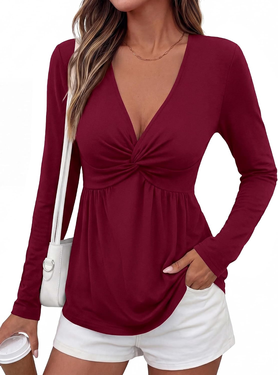 image:imageBTFBM Babydoll Tops for Women 2026 Fall Fashion Twist Front V Neck Flowy Long Sleeve Blouses Dressy Casual Peplum TopsBurgundy
