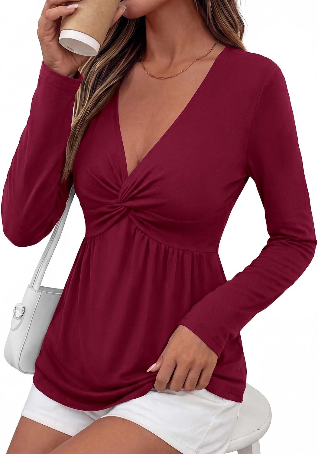 image:imageBTFBM Babydoll Tops for Women 2026 Fall Fashion Twist Front V Neck Flowy Long Sleeve Blouses Dressy Casual Peplum TopsBurgundy