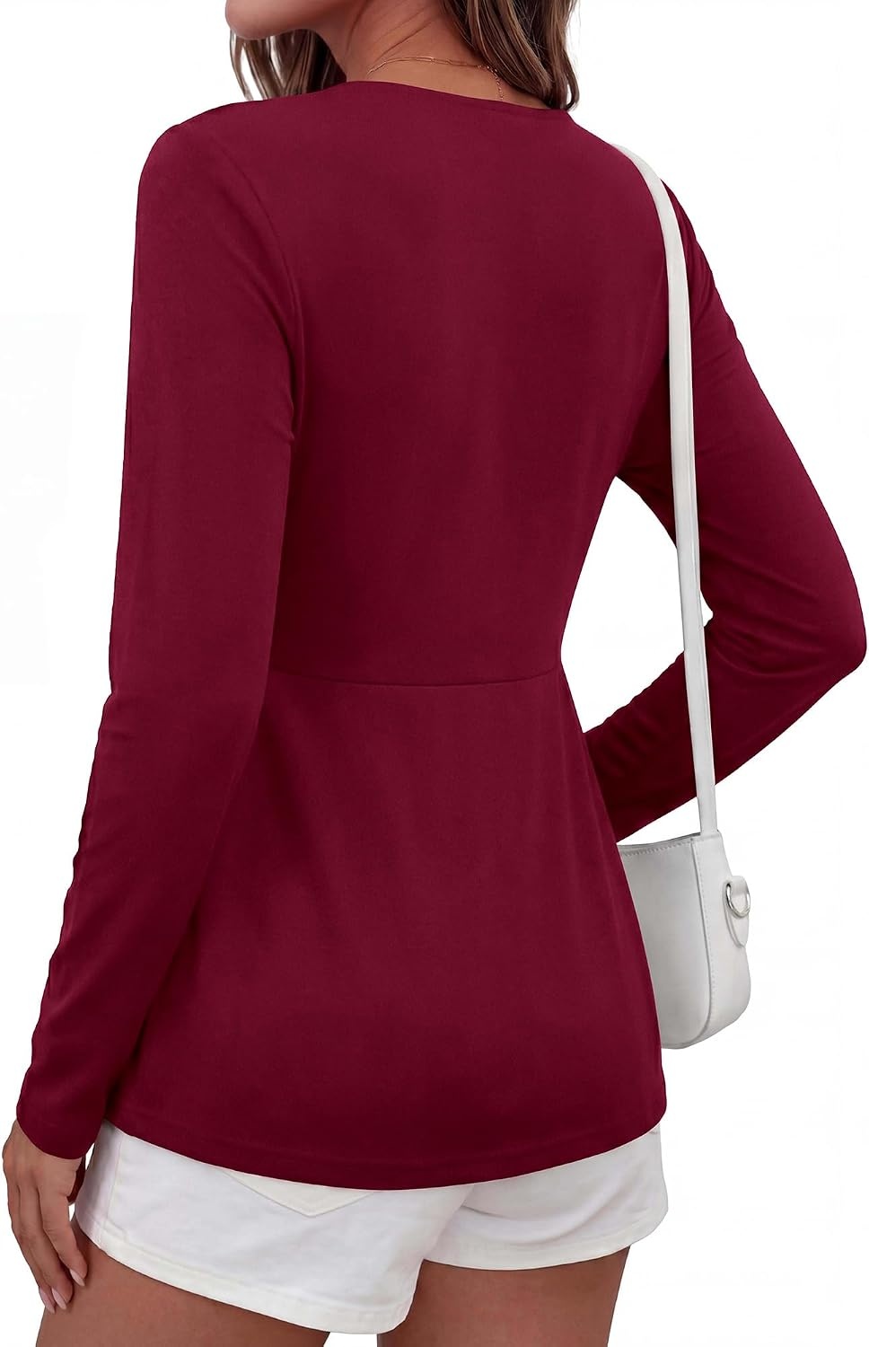 image:imageBTFBM Babydoll Tops for Women 2026 Fall Fashion Twist Front V Neck Flowy Long Sleeve Blouses Dressy Casual Peplum TopsBurgundy