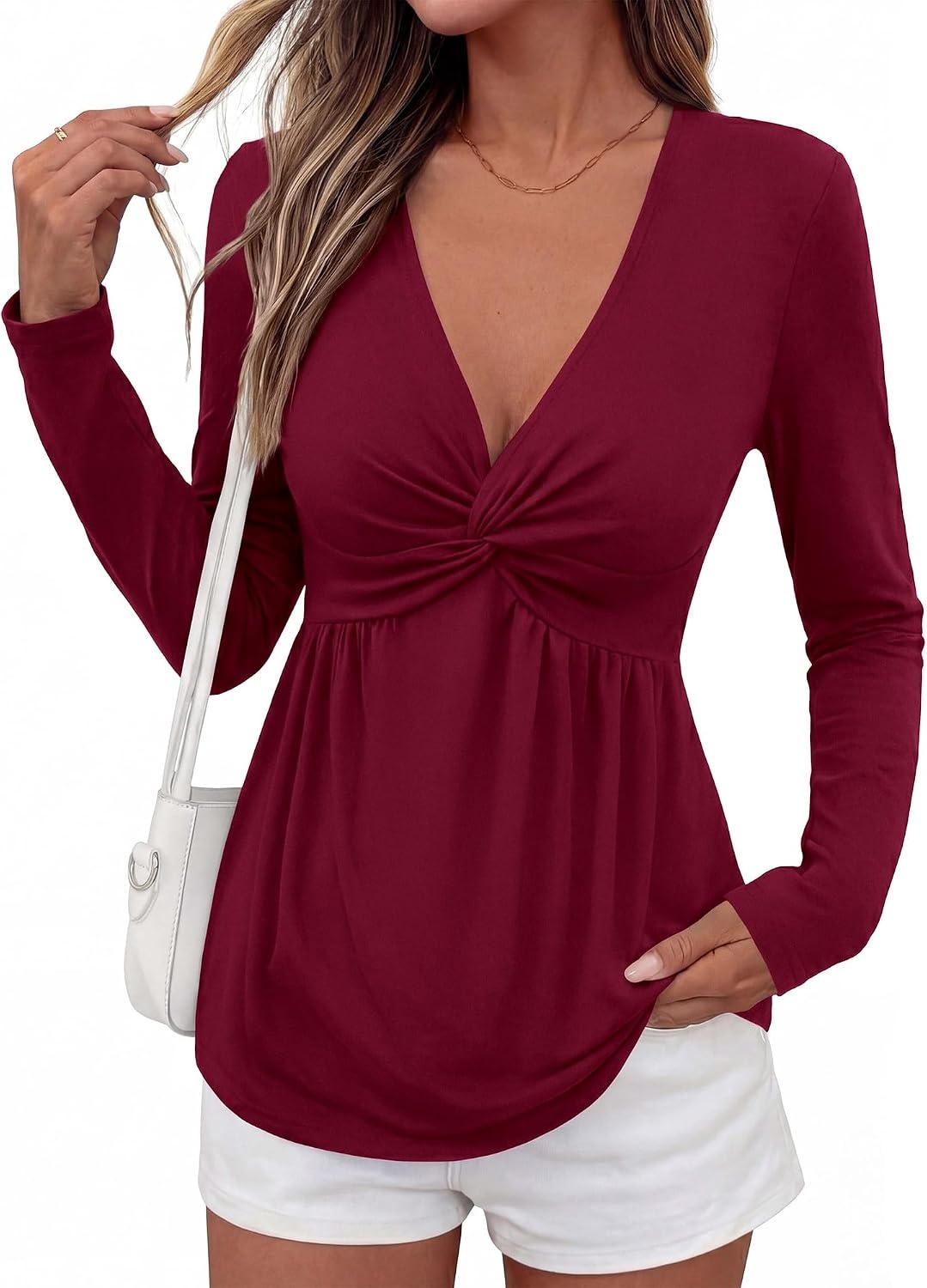 image:imageBTFBM Babydoll Tops for Women 2026 Fall Fashion Twist Front V Neck Flowy Long Sleeve Blouses Dressy Casual Peplum TopsBurgundy
