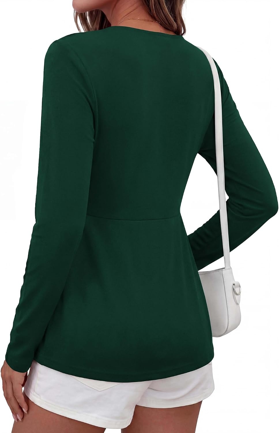 image:imageBTFBM Babydoll Tops for Women 2026 Fall Fashion Twist Front V Neck Flowy Long Sleeve Blouses Dressy Casual Peplum TopsDark Green