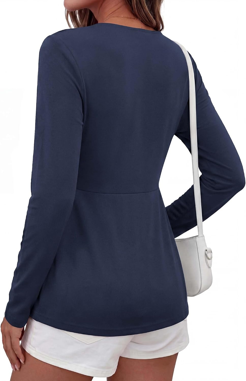 image:imageBTFBM Babydoll Tops for Women 2026 Fall Fashion Twist Front V Neck Flowy Long Sleeve Blouses Dressy Casual Peplum TopsNavy Blue