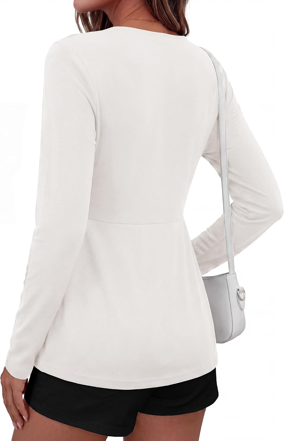 image:imageBTFBM Babydoll Tops for Women 2026 Fall Fashion Twist Front V Neck Flowy Long Sleeve Blouses Dressy Casual Peplum TopsWhite